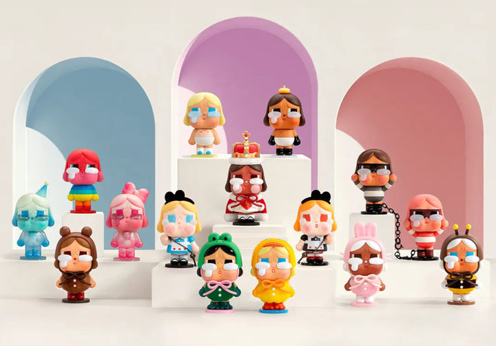 Crybaby Crying Again Series figures lined up on pastel display arches