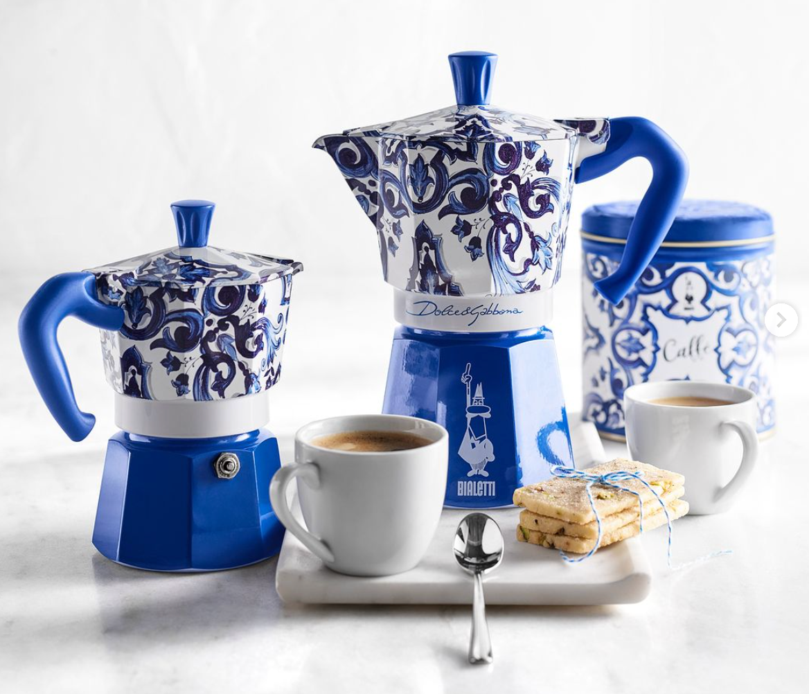 Dolce and Gabbana x Bialetti Blu Mediterraneo moka pot, cups and coffee in blue and white print, photo 1 of 7