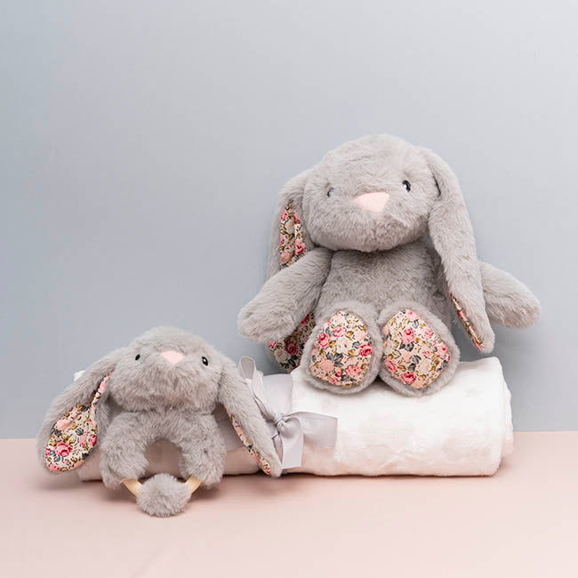 Grey Baby Gift Set with a grey bunny plush, bunny rattle and white blanket
