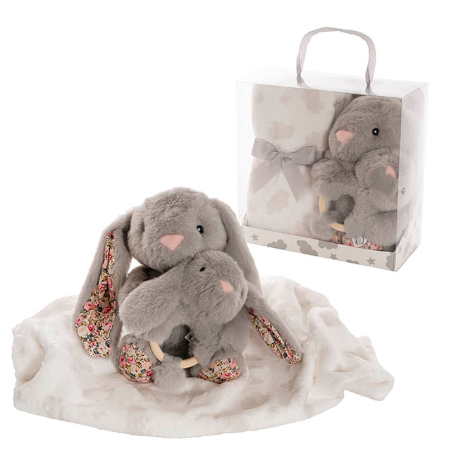 Grey Baby Gift Set bunny plush and rattle on a blanket beside the clear gift box, photo 3 of 3