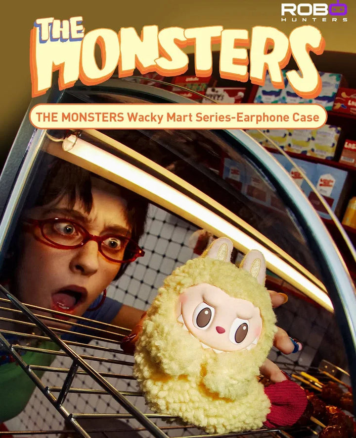 THE MONSTERS Wacky Mart Series Earphone Case poster with a fluffy yellow Labubu