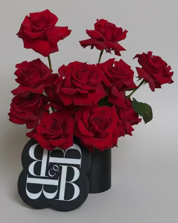 Luxe Signature Emblem Box, 12 long stem red roses in a black emblem box